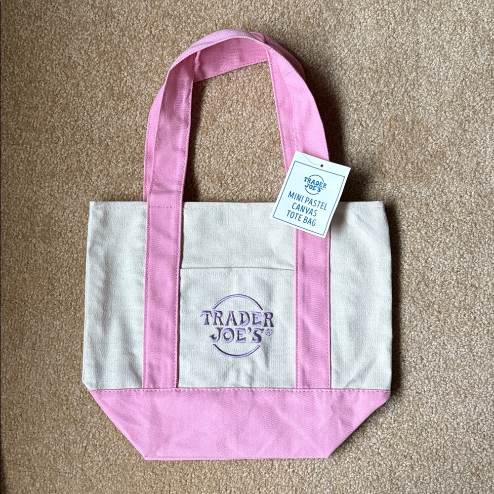 Trader Joe’s mini pastel Pink & purple Canvas Tote Bag nwt 2026